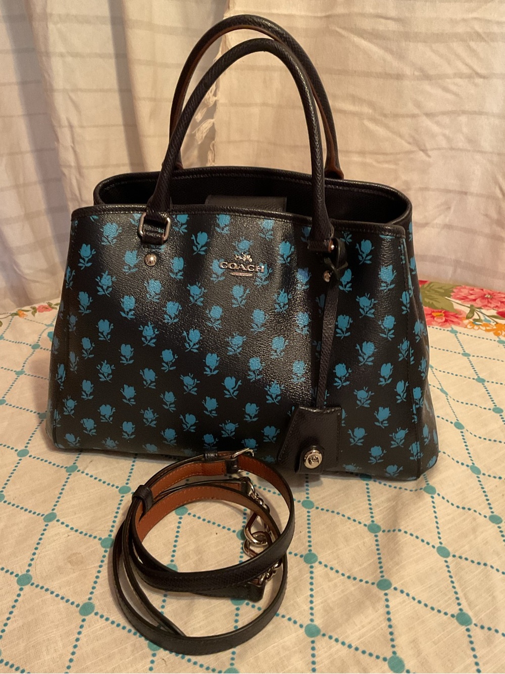 Coach midnight blue Satchel with Blue California poppies in beautiful condition
